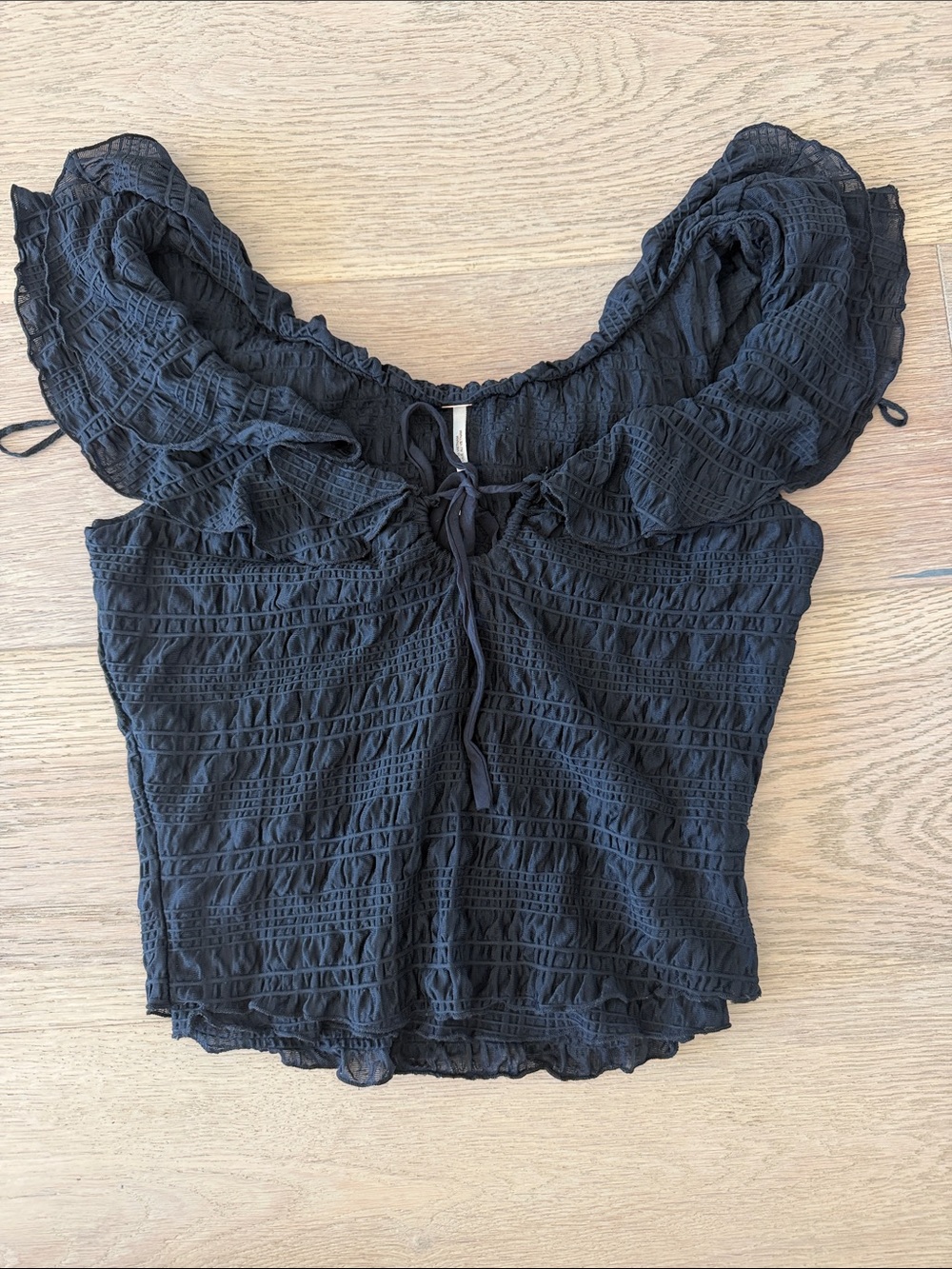 Free People Black Smocked Ruffle Off-Shoulder Crop Top